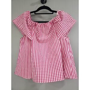 TOPSHOP Maggie Bardot Gingham Pink White Checkered Plaid Off the Shoulder SZ‎ 6
